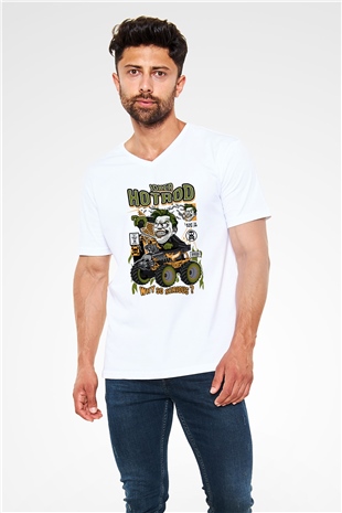 Joker Hotrod Baskılı Unisex Beyaz V Yaka Tişört