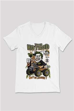 Joker Hotrod Baskılı Unisex Beyaz V Yaka Tişört