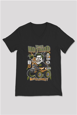 Joker Hotrod Baskılı Unisex Siyah V Yaka Tişört