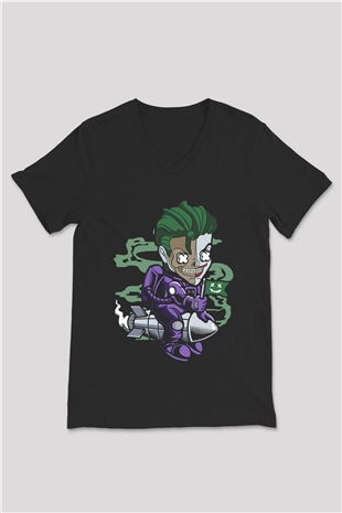 Joker Riding Rocket Baskılı Unisex Siyah V Yaka Tişört