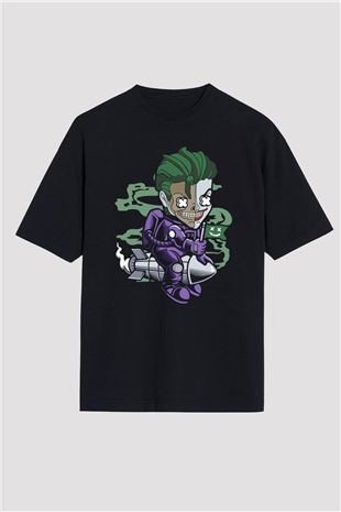 Joker Riding Rocket Baskılı Unisex Siyah Oversize Tişört