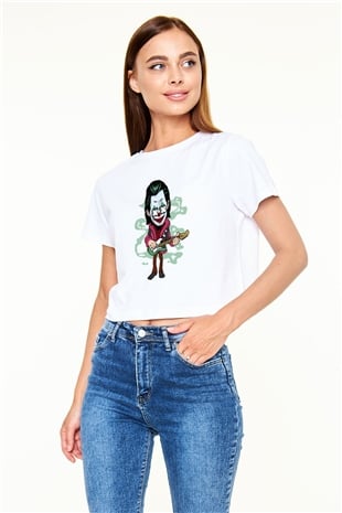 Joker Rockstar Baskılı Beyaz Kadın Crop Top Tişört