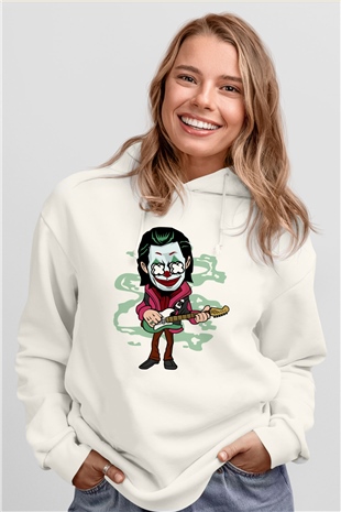 Joker Rockstar Baskılı Unisex Beyaz Hoodie