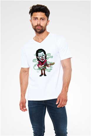 Joker Rockstar Baskılı Unisex Beyaz V Yaka Tişört