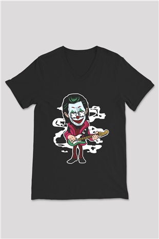 Joker Rockstar Baskılı Unisex Siyah V Yaka Tişört