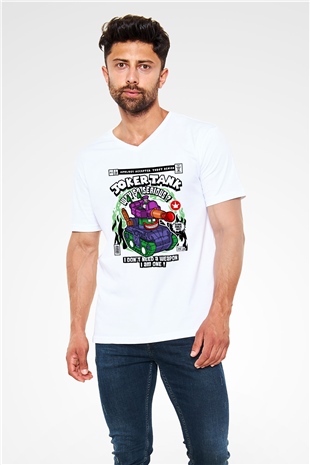 Joker Tank Baskılı Unisex Beyaz V Yaka Tişört