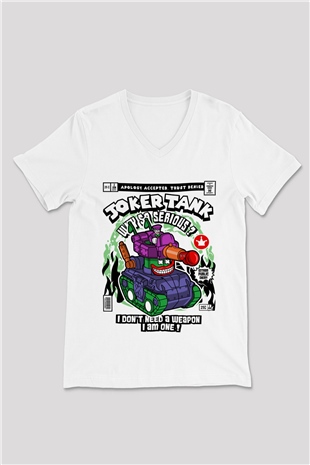 Joker Tank Baskılı Unisex Beyaz V Yaka Tişört