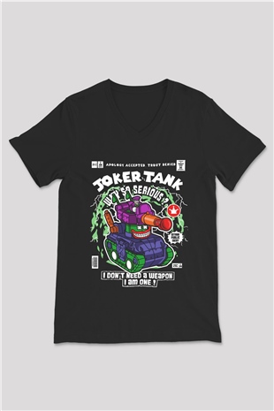 Joker Tank Baskılı Unisex Siyah V Yaka Tişört