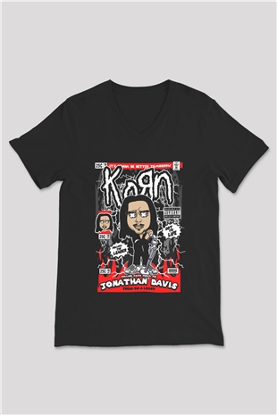 Jonathan Davis KoRn Baskılı Unisex Siyah V Yaka Tişört