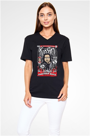 Jonathan Davis KoRn Baskılı Unisex Siyah V Yaka Tişört