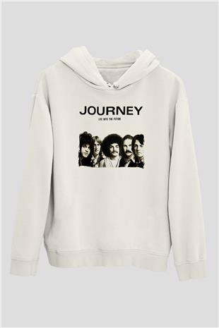 Journey Baskılı Beyaz Unisex Kapüşonlu Sweatshirt
