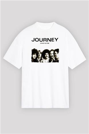 Journey Baskılı Beyaz Unisex Oversize Tişört - Tshirt