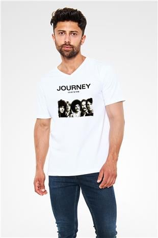 Journey Baskılı Beyaz Unisex V Yaka Tişört - Tshirt