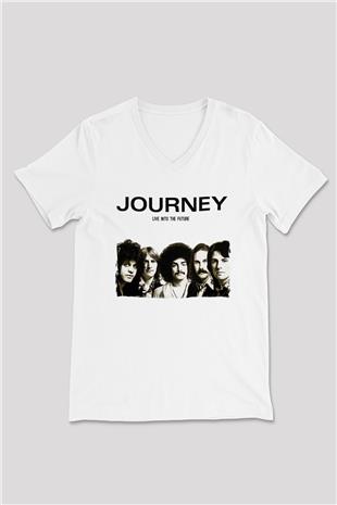Journey Baskılı Beyaz Unisex V Yaka Tişört - Tshirt