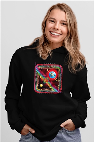 Journey Baskılı Unisex Siyah Kapüşonlu Sweatshirt