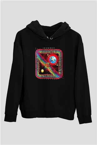 Journey Baskılı Unisex Siyah Kapüşonlu Sweatshirt
