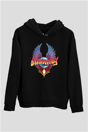 Journey Baskılı Unisex Siyah Kapüşonlu Sweatshirt