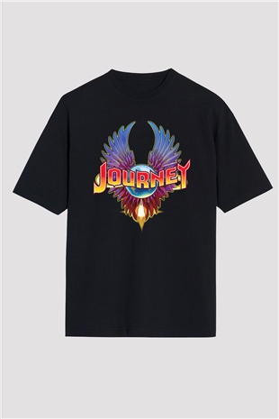 Journey Baskılı Unisex Siyah Oversize Tişört - Tshirt