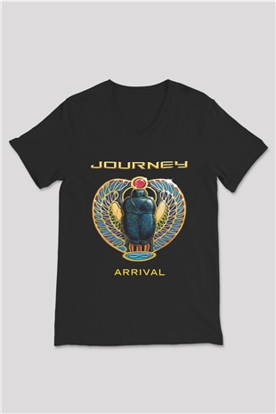 Journey Baskılı Unisex Siyah V Yaka Tişört - Tshirt