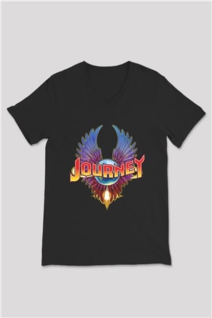 Journey Baskılı Unisex Siyah V Yaka Tişört - Tshirt