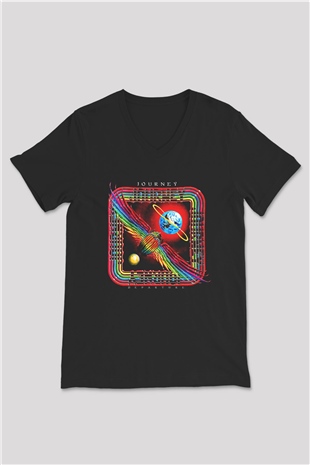 Journey Baskılı Unisex Siyah V Yaka Tişört - Tshirt