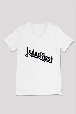 Judas Priest Beyaz Unisex V Yaka Tişört T-Shirt