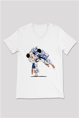 Judo Beyaz Unisex V Yaka Tişört T-Shirt