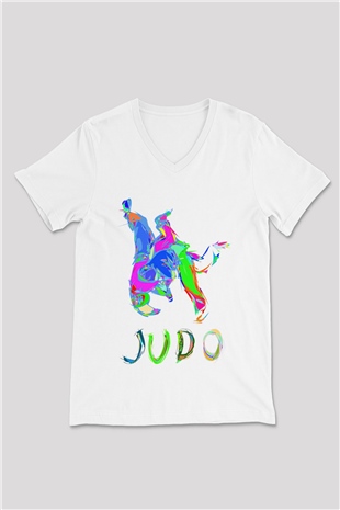 Judo Beyaz Unisex V Yaka Tişört T-Shirt