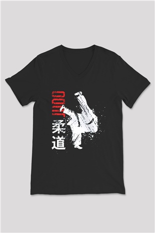 Judo Siyah Unisex V Yaka Tişört T-Shirt