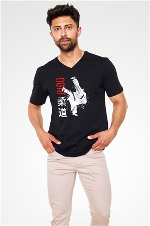 Judo Siyah Unisex V Yaka Tişört T-Shirt