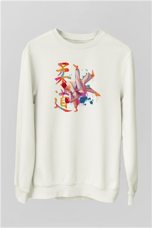Judo Temalı Baskılı Beyaz  Sweatshirt