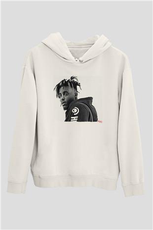 Juice Wrld Baskılı Beyaz Unisex Kapüşonlu Sweatshirt