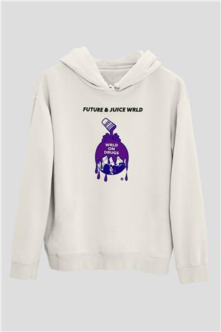 Juice Wrld Baskılı Beyaz Unisex Kapüşonlu Sweatshirt