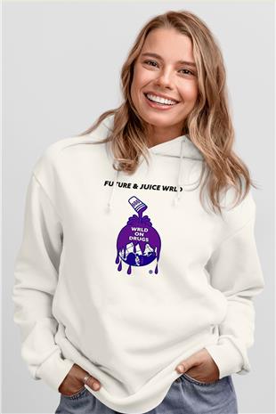 Juice Wrld Baskılı Beyaz Unisex Kapüşonlu Sweatshirt