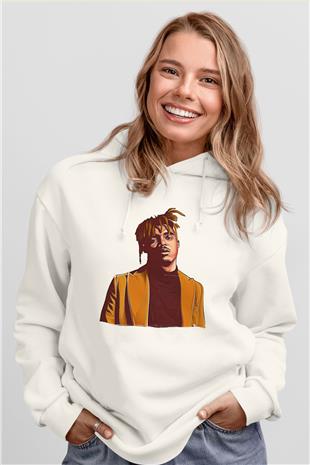 Juice Wrld Baskılı Beyaz Unisex Kapüşonlu Sweatshirt