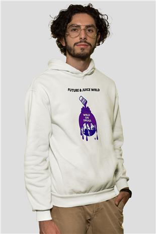 Juice Wrld Baskılı Beyaz Unisex Kapüşonlu Sweatshirt