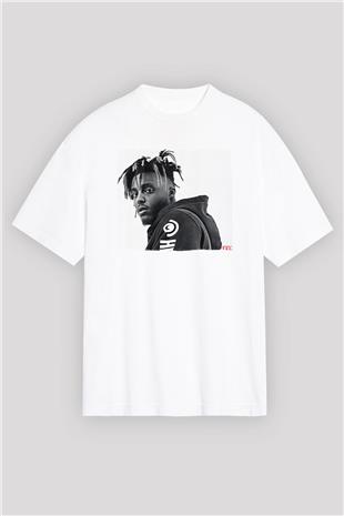 Juice Wrld Baskılı Beyaz Unisex Oversize Tişört - Tshirt