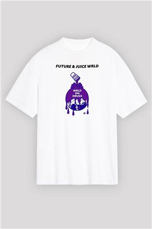 Juice Wrld Baskılı Beyaz Unisex Oversize Tişört - Tshirt