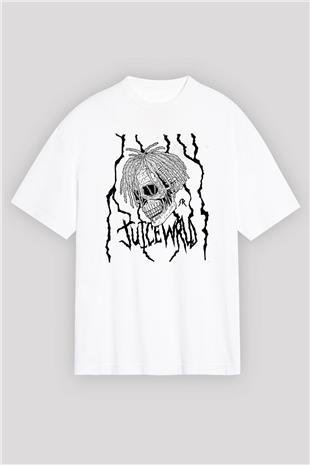 Juice Wrld Baskılı Beyaz Unisex Oversize Tişört - Tshirt