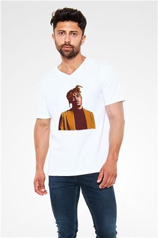 Juice Wrld Baskılı Beyaz Unisex V Yaka Tişört - Tshirt
