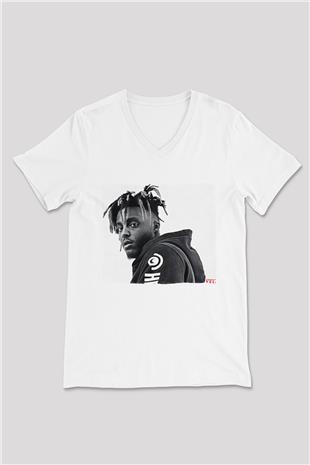 Juice Wrld Baskılı Beyaz Unisex V Yaka Tişört - Tshirt