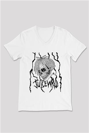 Juice Wrld Baskılı Beyaz Unisex V Yaka Tişört - Tshirt