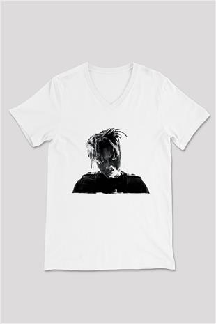 Juice Wrld Baskılı Beyaz Unisex V Yaka Tişört - Tshirt
