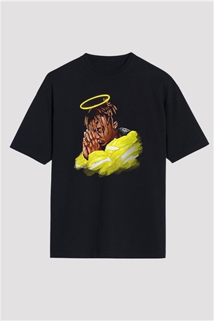 Juice Wrld Baskılı Unisex Siyah Oversize Tişört - Tshirt