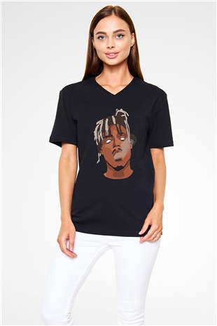 Juice Wrld Baskılı Unisex Siyah V Yaka Tişört - Tshirt