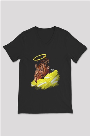 Juice Wrld Baskılı Unisex Siyah V Yaka Tişört - Tshirt