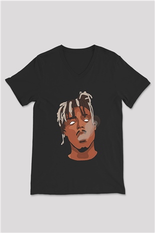 Juice Wrld Baskılı Unisex Siyah V Yaka Tişört - Tshirt