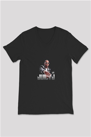 Juicy J Baskılı Unisex Siyah V Yaka Tişört