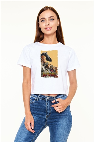 Jumanji Baskılı Beyaz Crop Top Kadın Tişört - Tshirt
