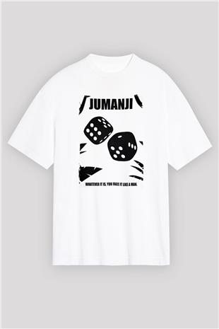 Jumanji Baskılı Beyaz Unisex Oversize Tişört - Tshirt